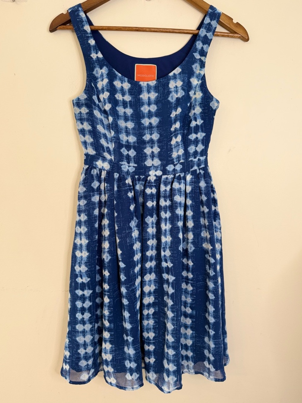 ModCloth blue white tie dye striped polka dot sleeveless dress SZ XXS